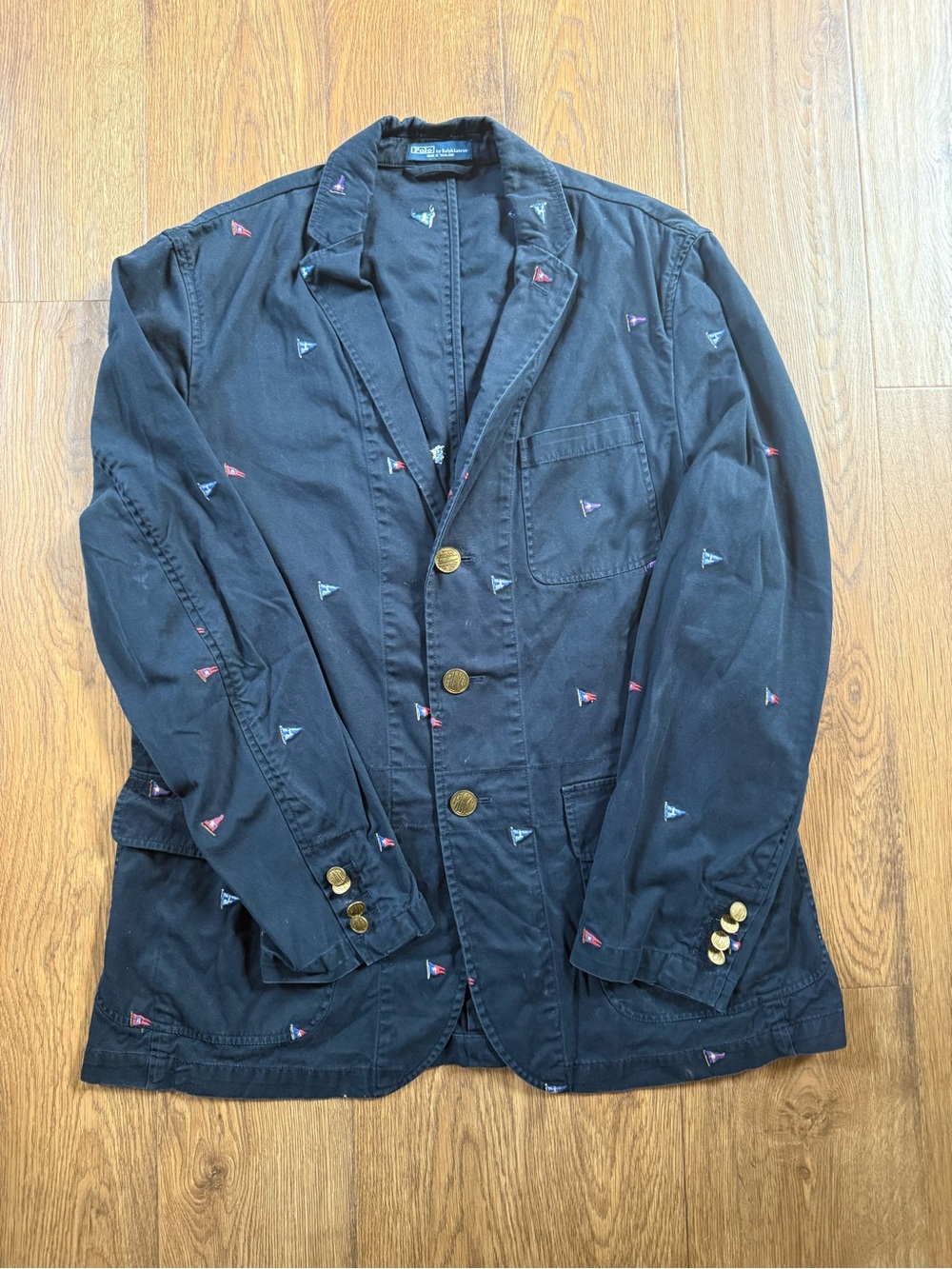 Polo Ralph Lauren Sport Coat Navy Blue Yacht Club Flag Brass Buttons 44R Vintage